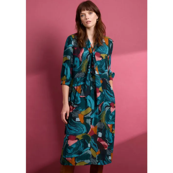 Seasalt Cornwall Harbour Cove Printed Tie Neck Midi Dress-Women Dresses