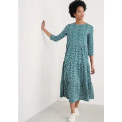 Seasalt Cornwall Line Strokes Tiered Dress in GOTS-Certified Organic Cotton Jersey-Women Dresses